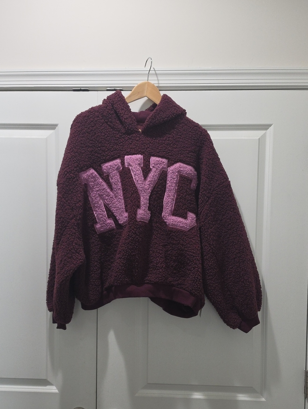 NWT No Boundaries Dark Cherry Plush Hoodie with Pink NYC Applique
